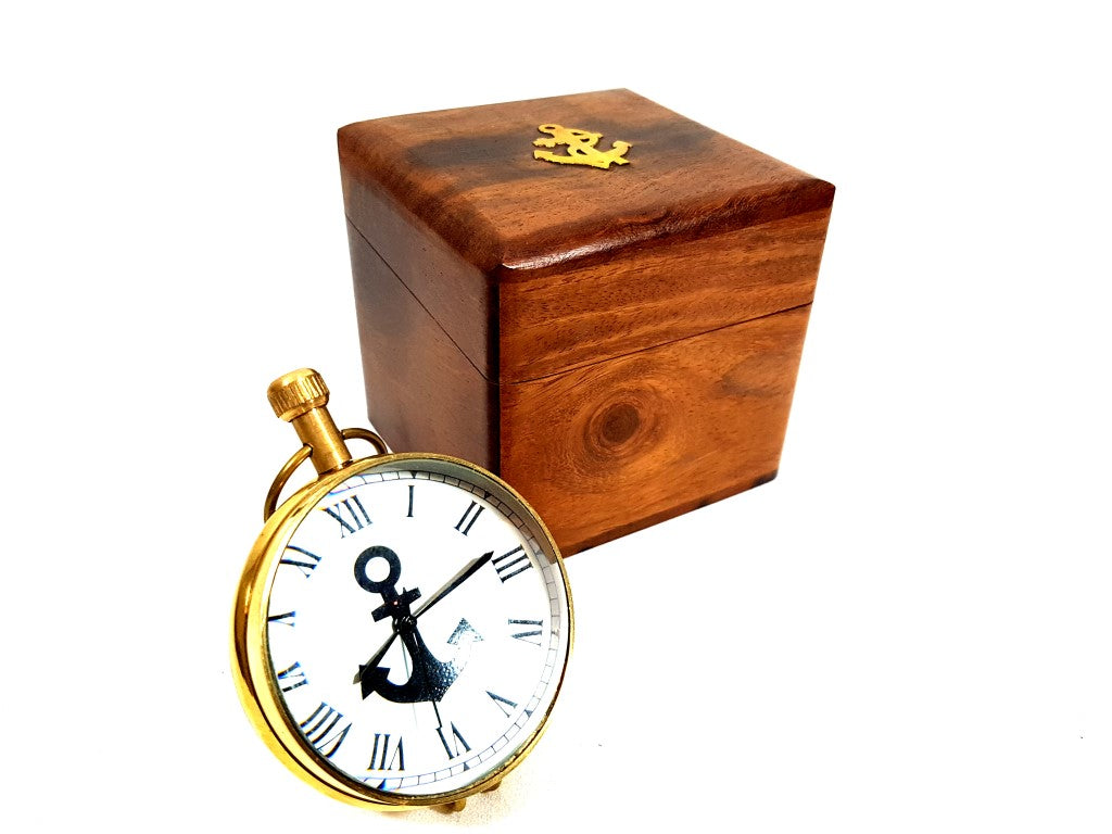 Ceas maritim NI406A/1 în cutie din lemn, cu posibilitate de personalizare prin gravură, din alamă, retro, înălțime 7 cm