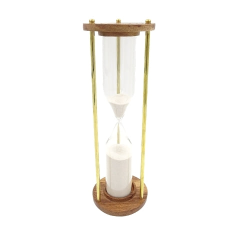 Clepsidră din alamă și lemn 30min, cu posibilitate de personalizare prin gravură - cadou elegant pentru orice ocazie, înălțime 30,5cm, nisip alb, materiale clasice
