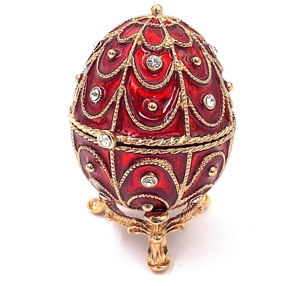Exclusive metal Fabergé jewelry box with crystals in red and gold, customizable engraving, perfect as a gift, dimensions 5.5x6.5 cm