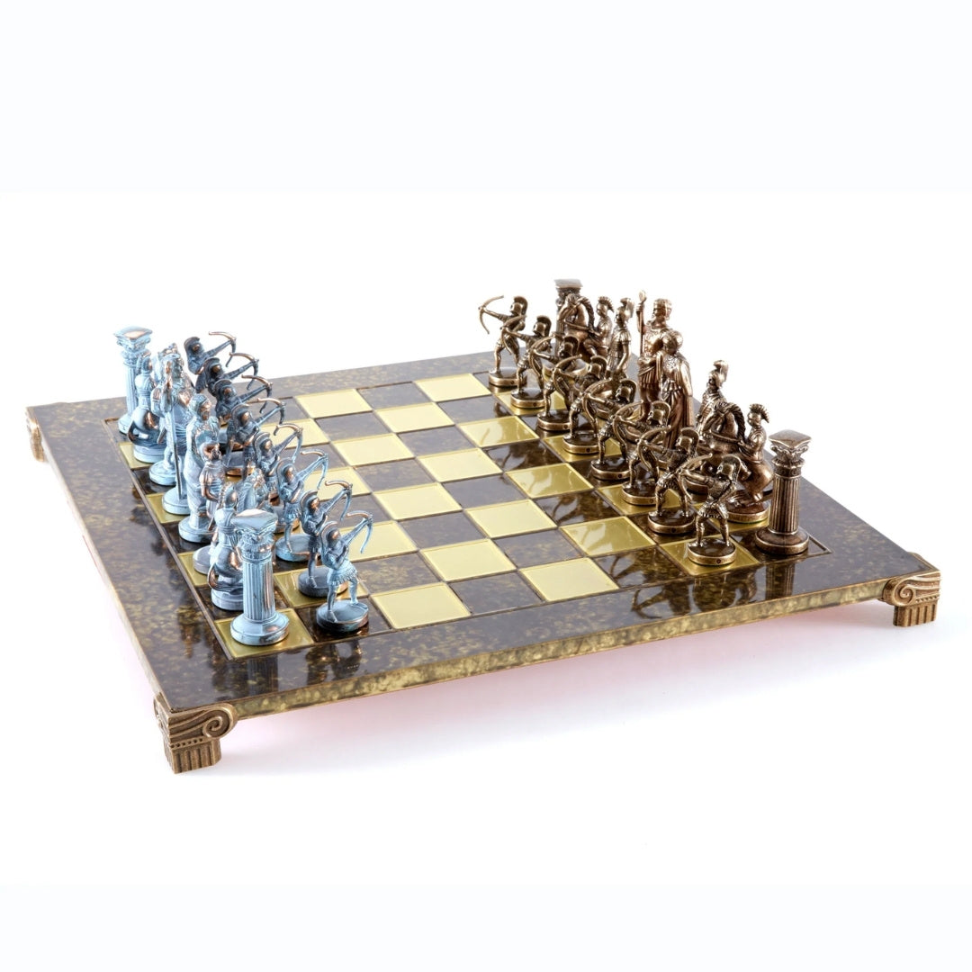 Szachy Mosiężne Łucznicy 44x44cm z Możliwością Personalizacji Grawerem - Luksusowy Prezent dla Miłośników Mitologii i Strategii, Wysokiej Jakości Ręcznie Wykonane Figurki