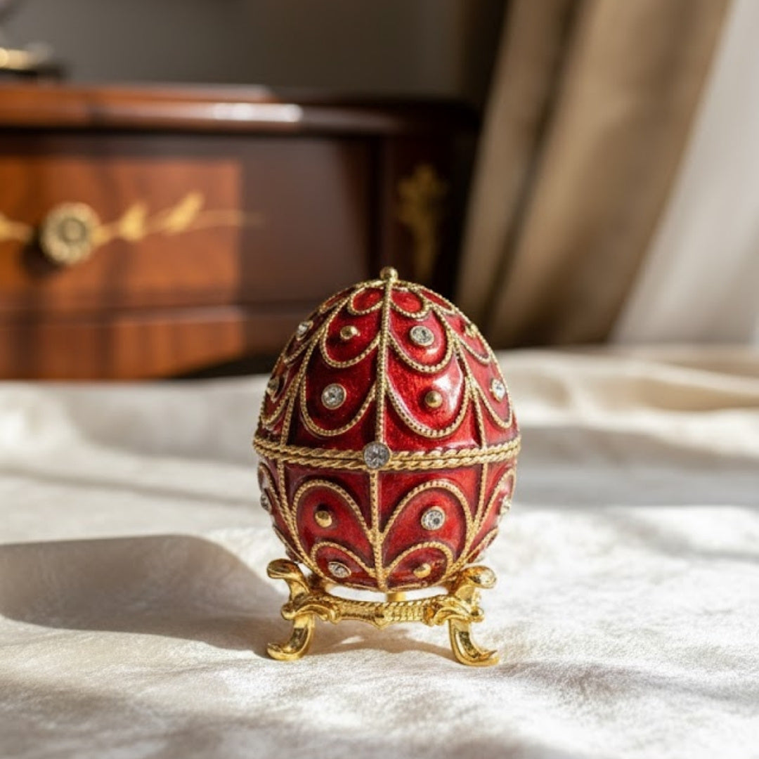 Exclusive metal Fabergé jewelry box with crystals in red and gold, customizable engraving, perfect as a gift, dimensions 5.5x6.5 cm