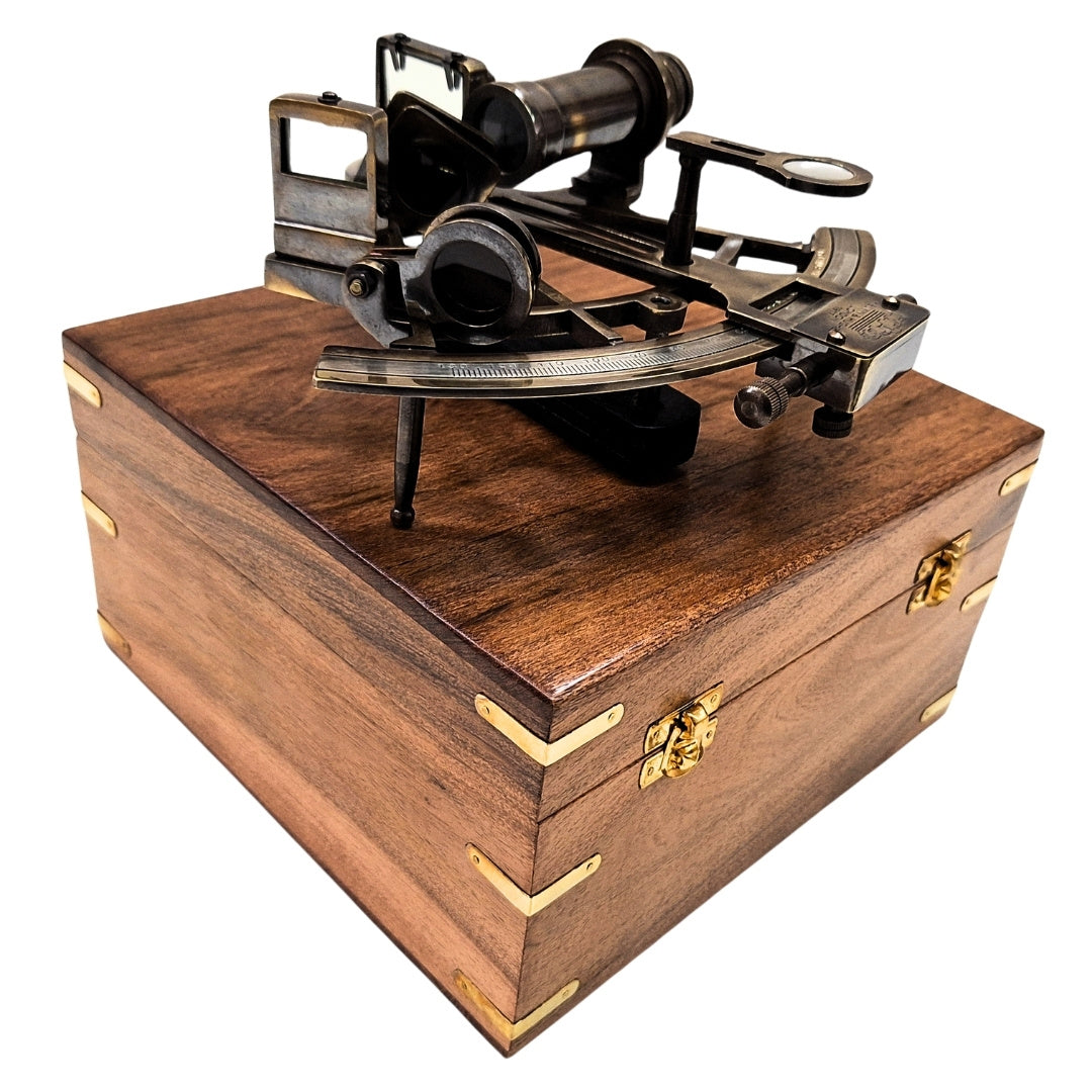 Brass Sextant with Engraving in Wooden Box