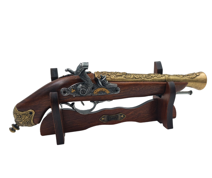 18th Century Caplock Pistol Replica on Stand with Personalized Engraving Option - Elegant Decorative Element and Perfect Gift for History Lovers - Made of Metal and Wood, Length 38 cm