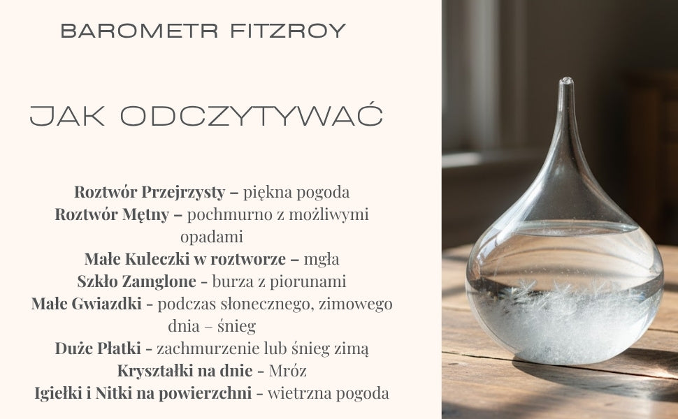 Barometr Burzowy Fitzroya - Kropla Storm Glass z możliwością personalizacji grawerem - elegancki prezent w kształcie kropli, wysokość 11 cm, szklane naczynie z unikalnymi kryształami reagującymi na zmiany pogody