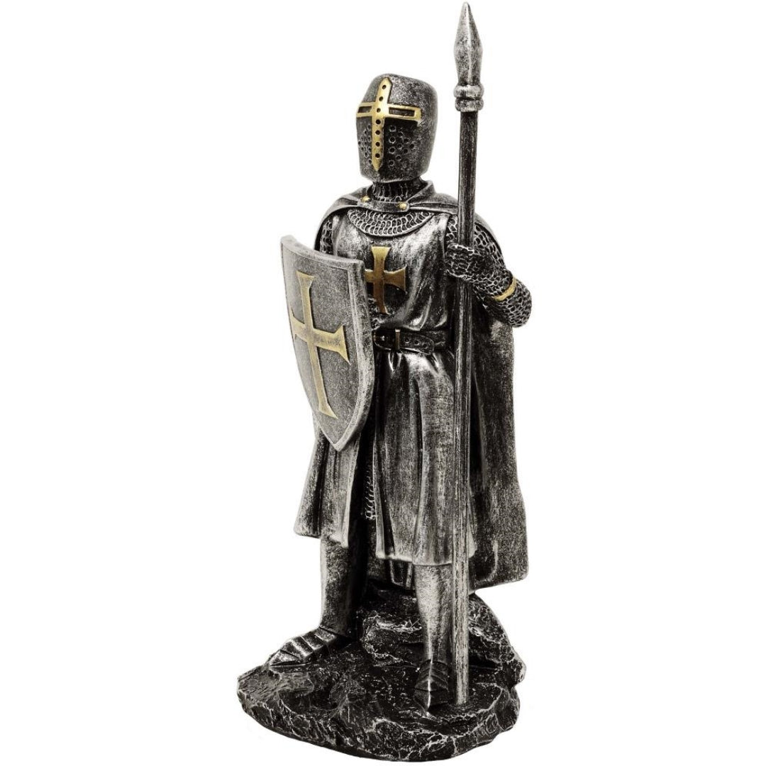 Figurka Rycerz z włócznią 20 cm z możliwością personalizacji grawerem - ręcznie malowana dekoracja z polyresinu na prezent dla miłośników historii i militariów