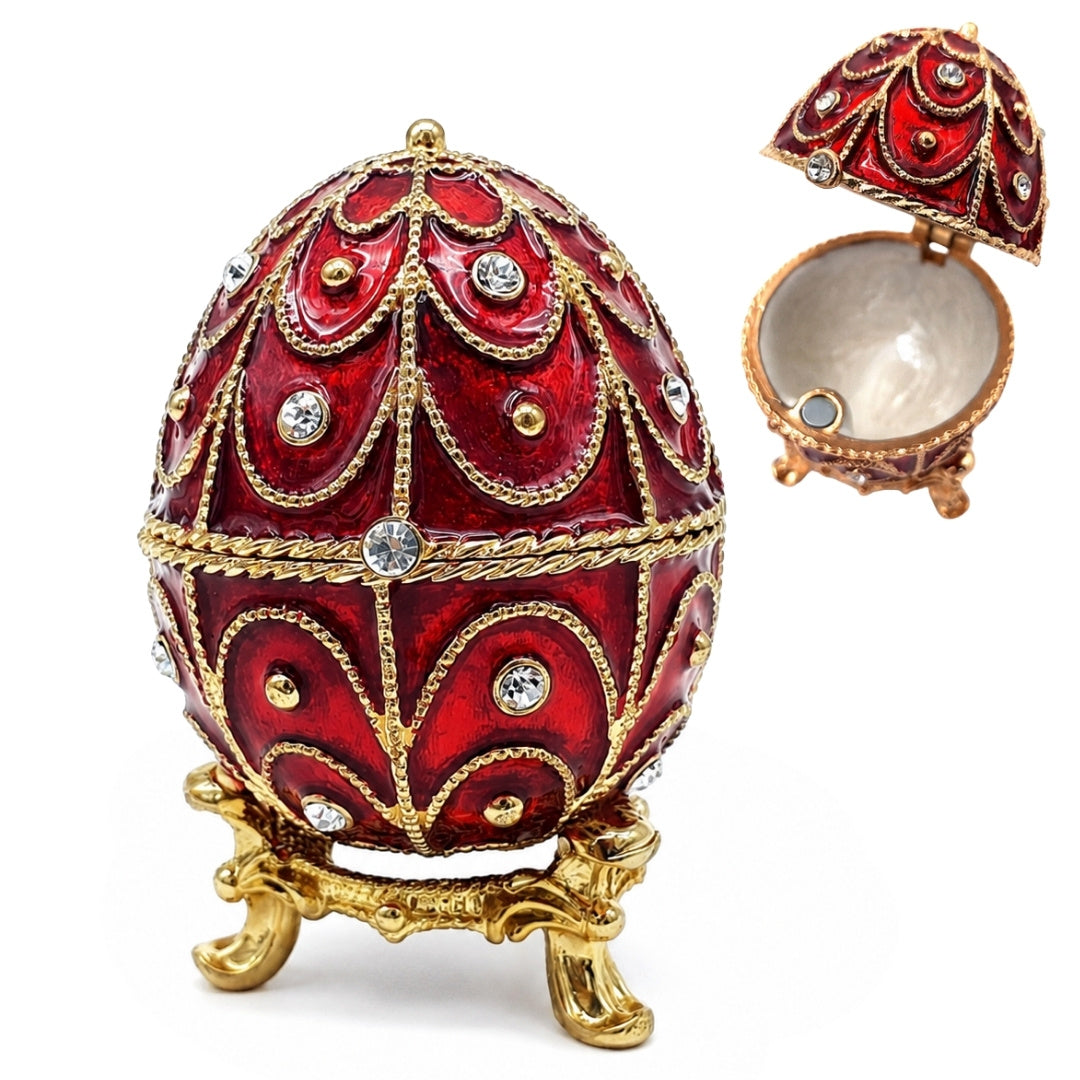 Exclusive metal Fabergé jewelry box with crystals in red and gold, customizable engraving, perfect as a gift, dimensions 5.5x6.5 cm