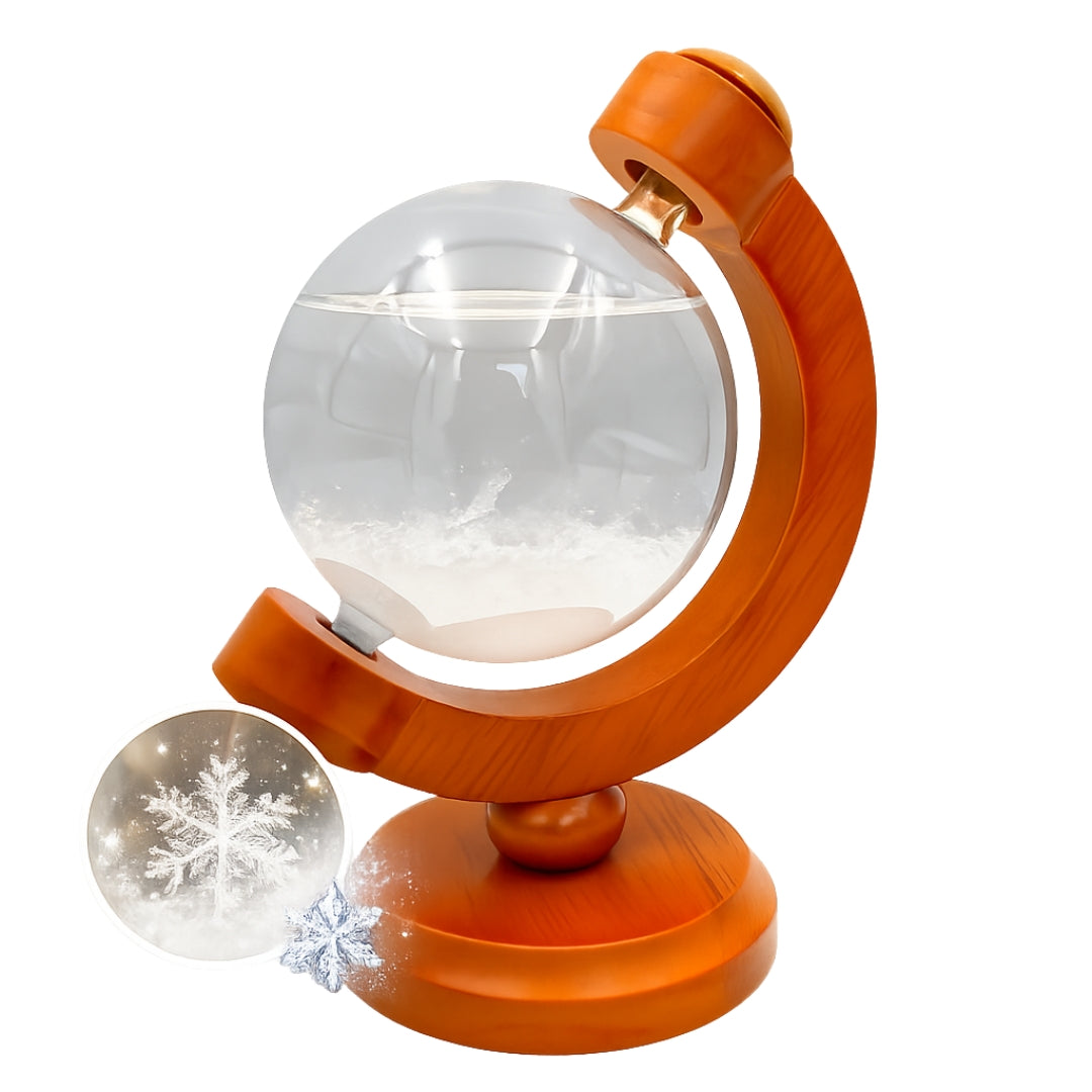 Bouřkový barometr Fitzroya Globe s možností rytí - elegantní dekorace na stůl ze skla a dřeva, výška 18,5 cm