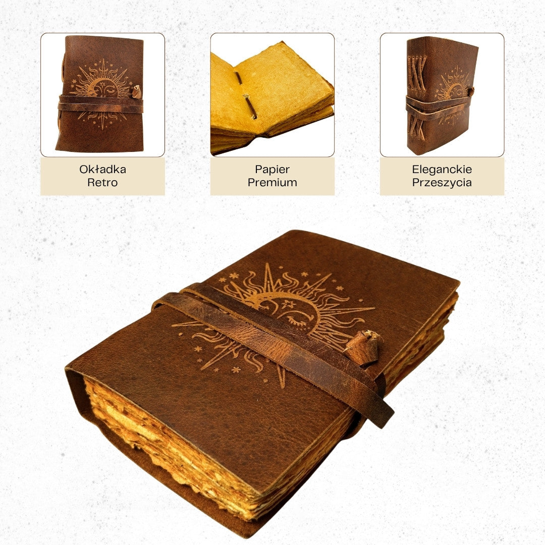 Kožený vintage zápisník 200 stran s gravírováním - Slunce a Měsíc - přírodní buvolí kůže - ideální jako dárek - 18x13 cm - elegantní deník s papírem 150 GSM