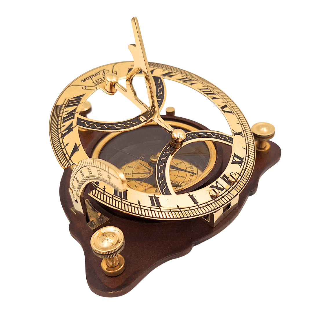 Elegant Brass Compass with Sundial on Wooden Base C064 with Option for Personalized Engraving