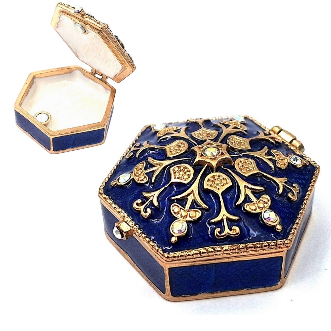 Elegant metal gift box with crystals B0035-08BL in navy blue and gold color scheme with customizable engraving