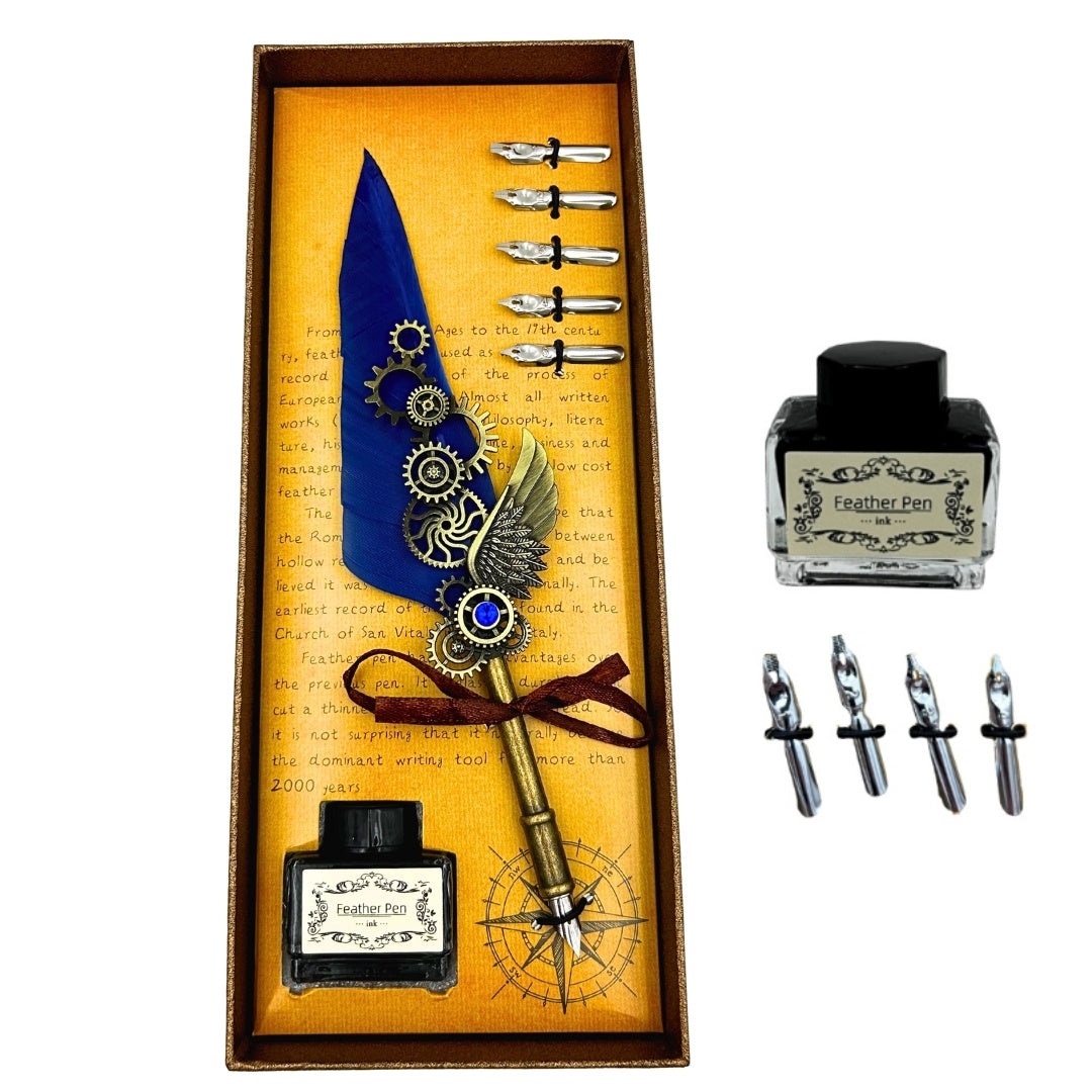 Retro Calligraphy Set with Blue Goose Feather Pen, 6 Nibs, Ink, Engraving Personalization, Elegant Vintage Style Gift