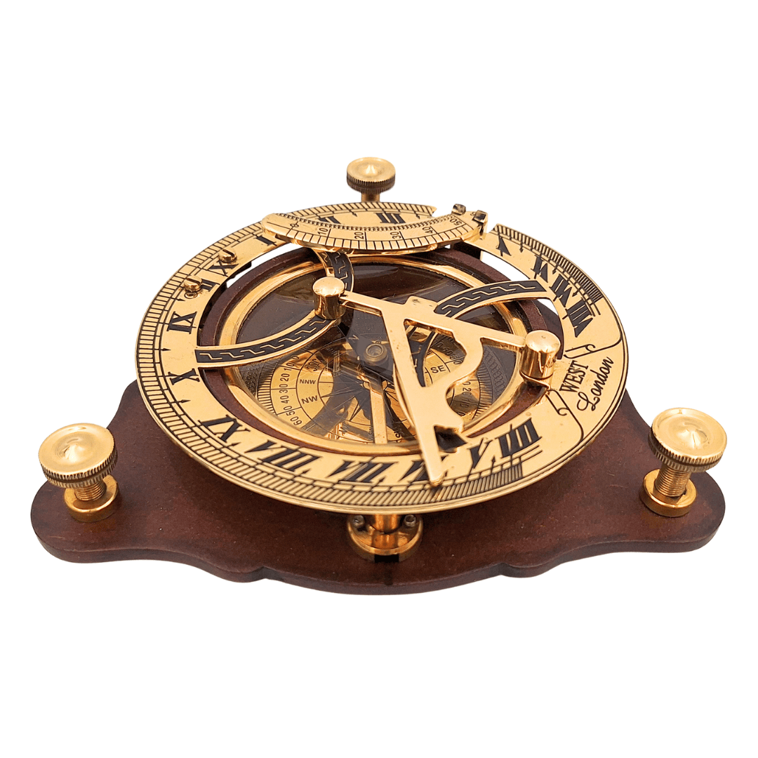 Elegant Brass Compass with Sundial on Wooden Base C064 with Option for Personalized Engraving