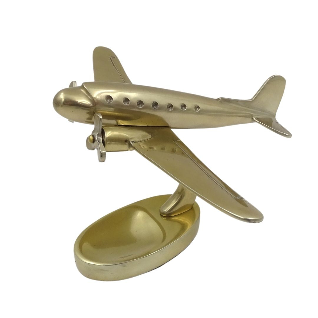 Duży metalowy model samolotu dwusilnikowego z możliwością personalizacji grawerem, złoty, 19,5 x 16,5 x 29 cm