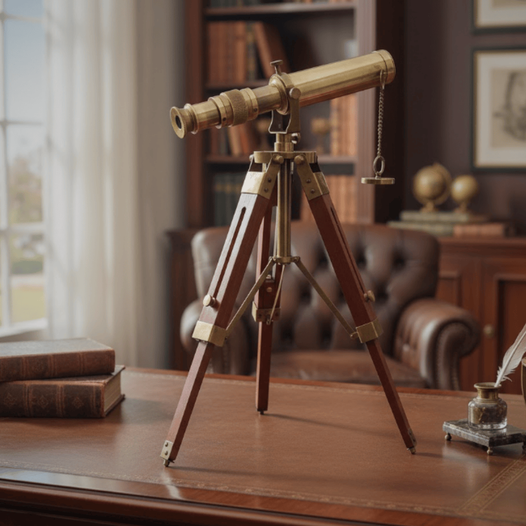 Retro Brass Telescope on Wooden Tripod with Adjustable Height and Engraving Option