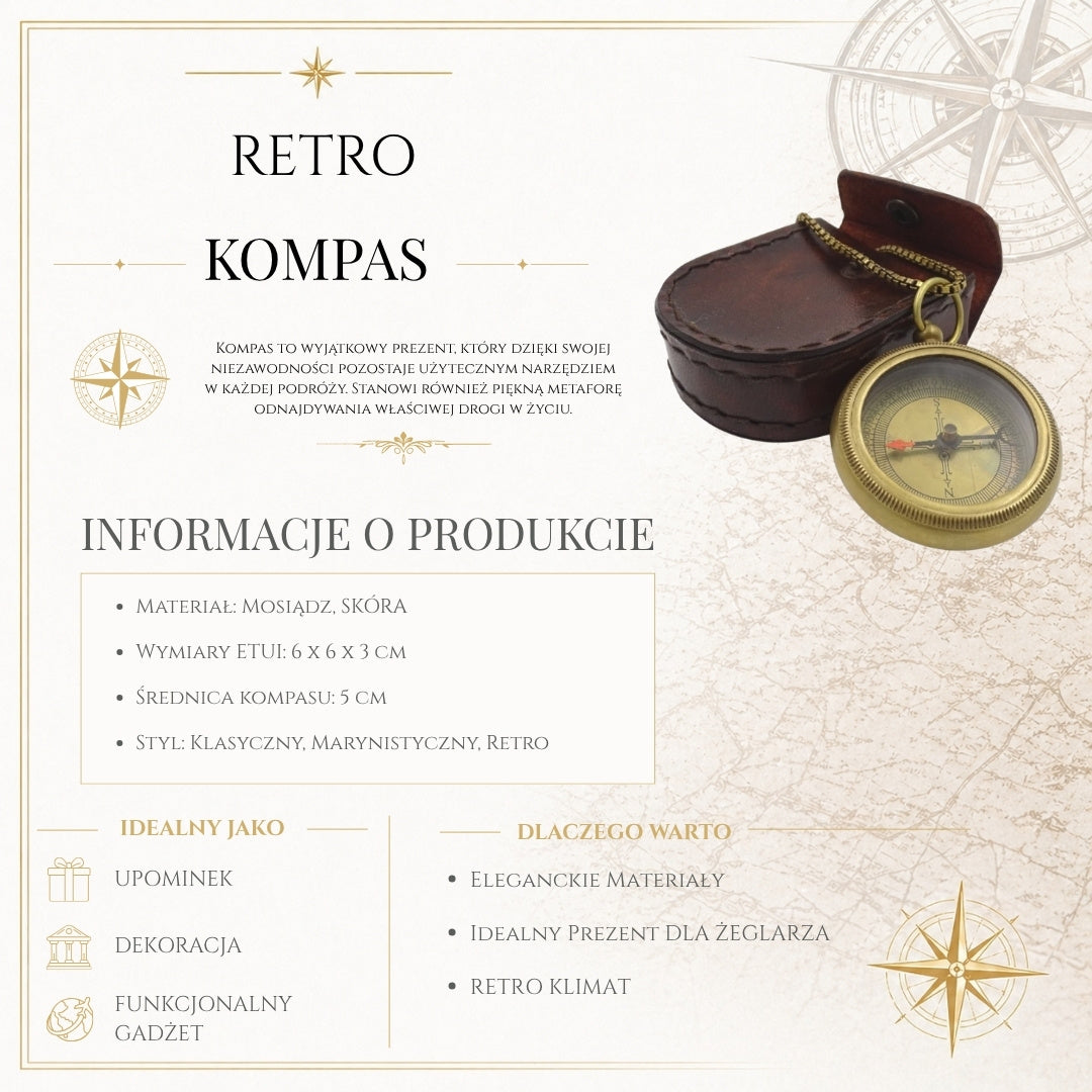Busolă elegantă din alamă cu lanț, în etui din piele