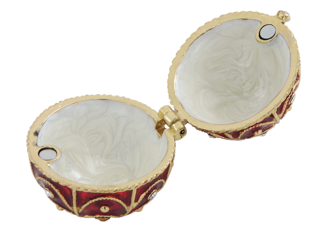 Exclusive metal Fabergé jewelry box with crystals in red and gold, customizable engraving, perfect as a gift, dimensions 5.5x6.5 cm