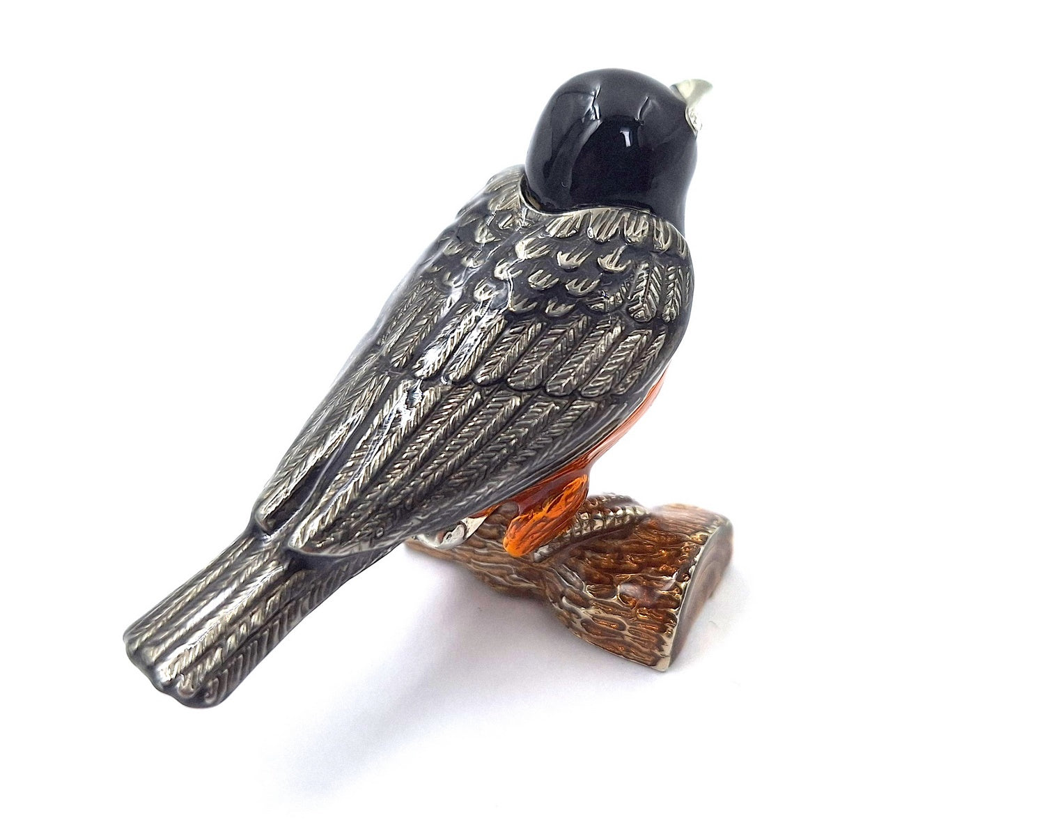 Metal box shaped like a bird with crystals, personalized engraving, perfect as a gift - black, silver, brown, orange, dimensions 5x6x5 cm, material: metal, enamel, crystal