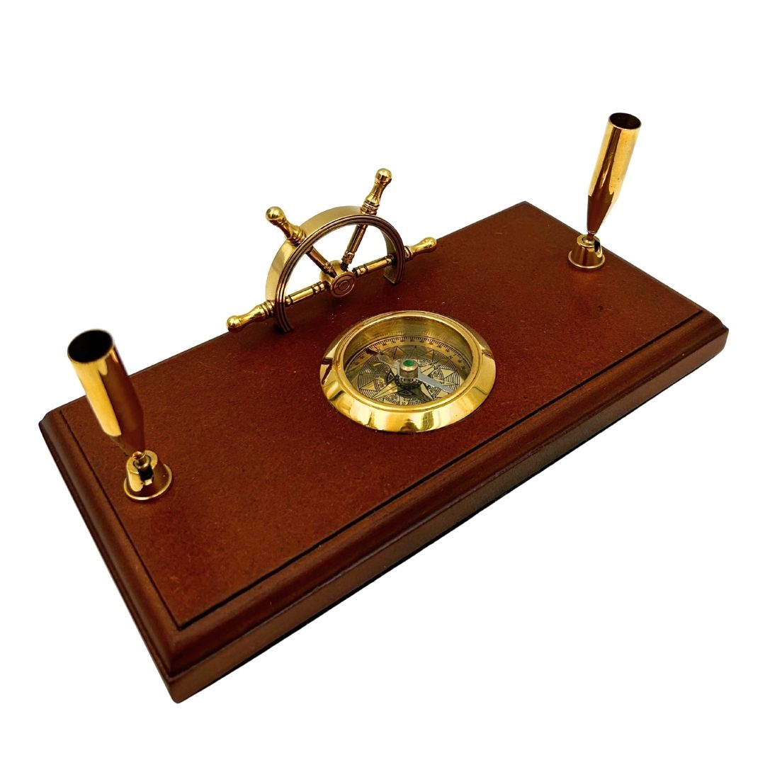 Nautical Desk Set with Engraving – Ship's Wheel, Compass, Pen Holders Made of Polished Wood and Brass