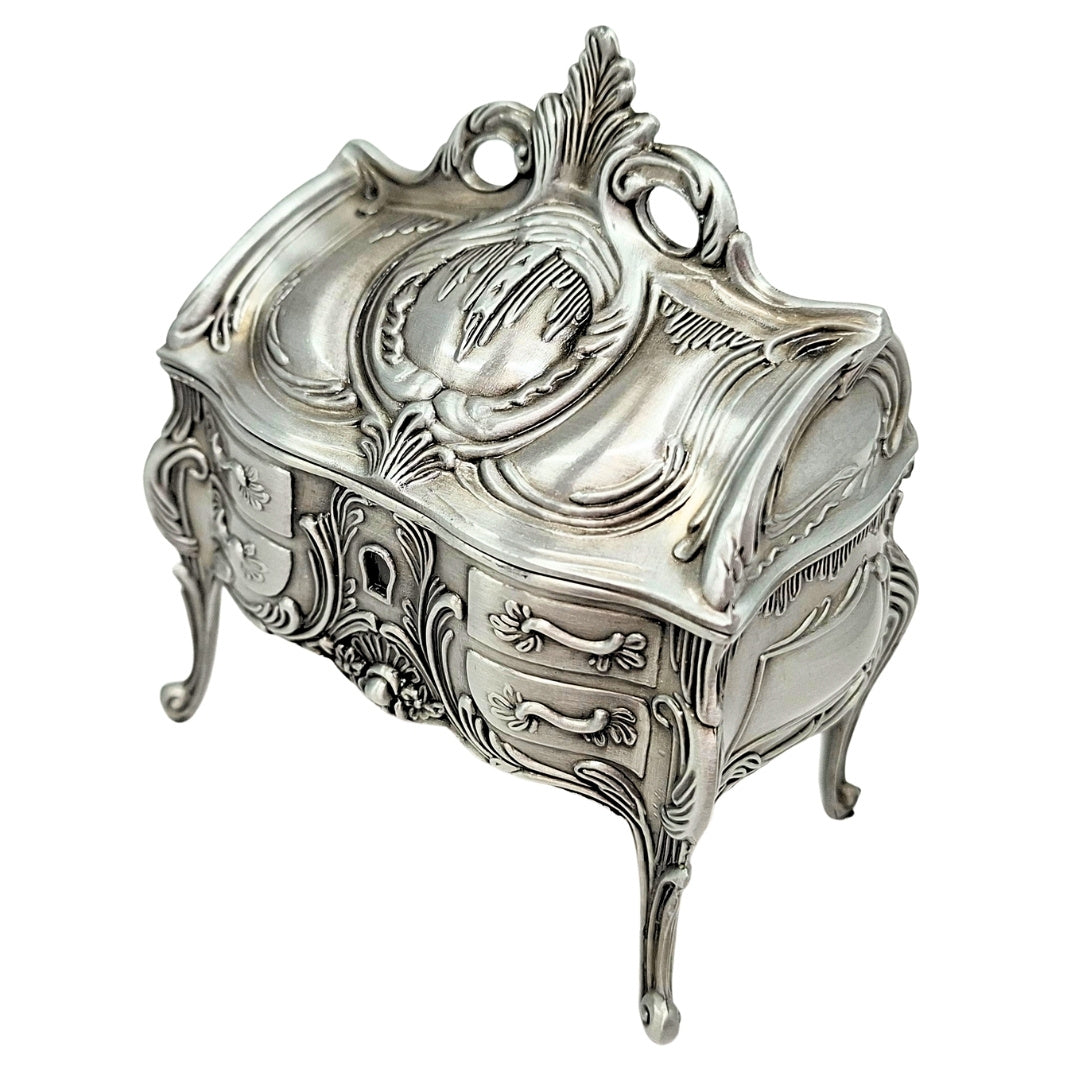 Silver Retro Metal Jewelry Box 2056M with Engraving Option - Elegant Gift for Mother's Day or Birthday, Dimensions 9.7 x 10 x 6.7 cm, Rococo Style with Floral Ornaments