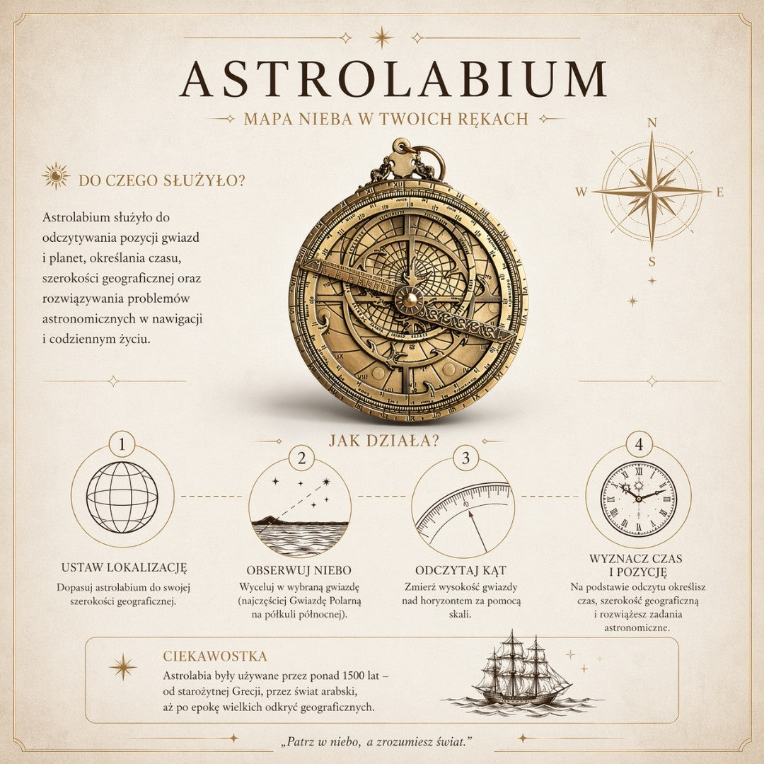 Astrolab european H32 – replică renascentistă premium, cu posibilitate de personalizare prin gravură – cadou ideal cu suport elegant din lemn – înălțime 12 cm, realizat manual cu atenție la detalii