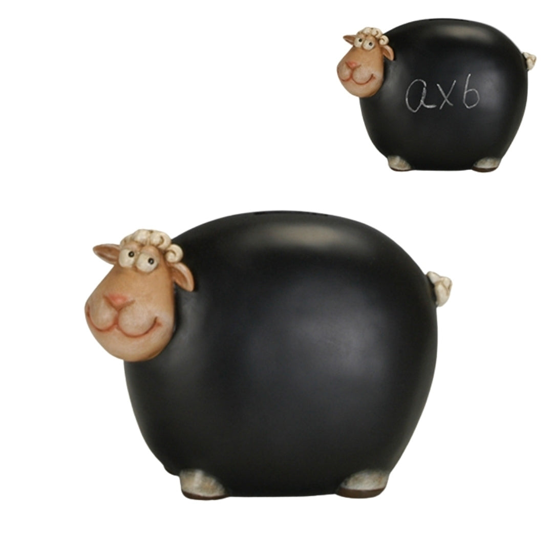 Sheep Piggy Bank with Chalkboard Paint and Customizable Engraving - Black with Beige and White Elements, Height 19.5 cm