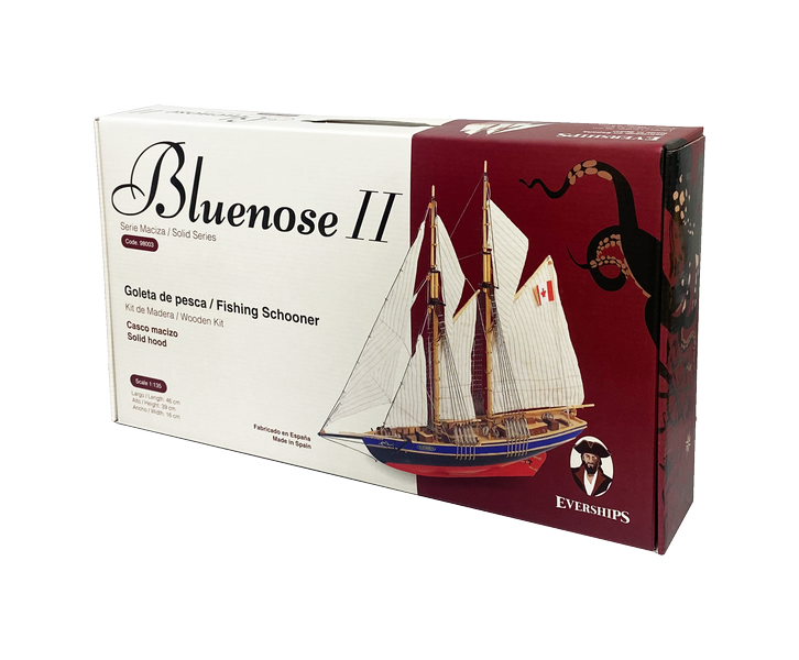Model do sklejania Bluenose II – drewniany szkuner 38x31x6,5 cm z możliwością personalizacji grawerem – idealny prezent dla żeglarza, wykonany z naturalnych materiałów, poziom trudności: średniozaawansowany