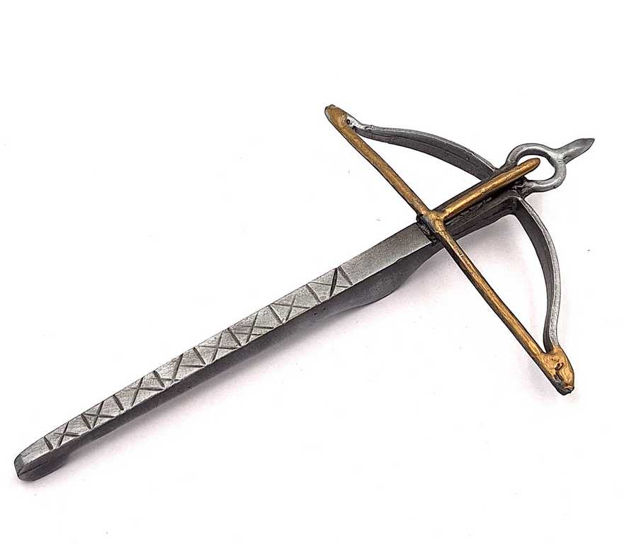 Mała Metalowa Replika Kuszy z Możliwością Personalizacji Grawerem – Srebrna i Złota Dekoracja o Wymiarach 14cm x 8,5cm