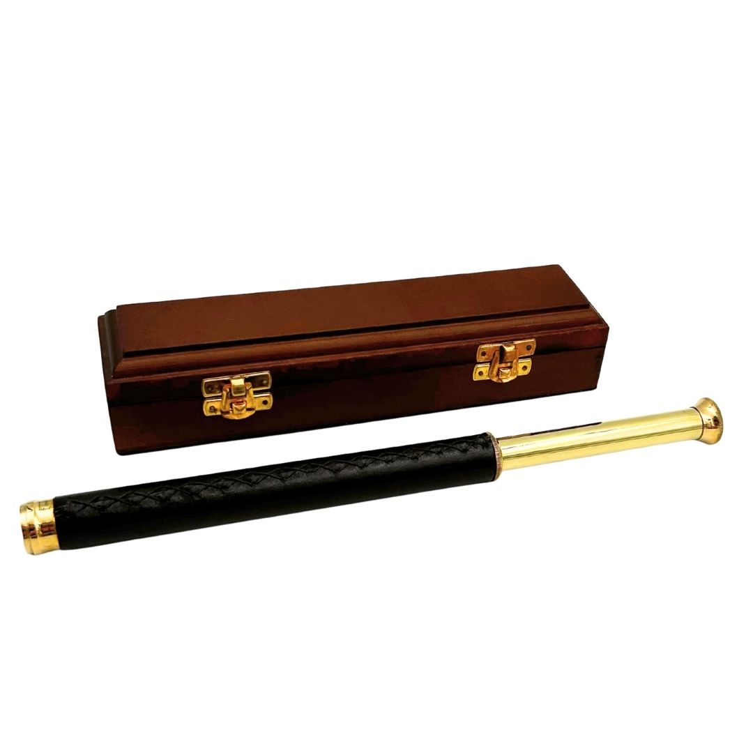 Brass and Leather Telescope with Personalized Engraving in Wooden Box