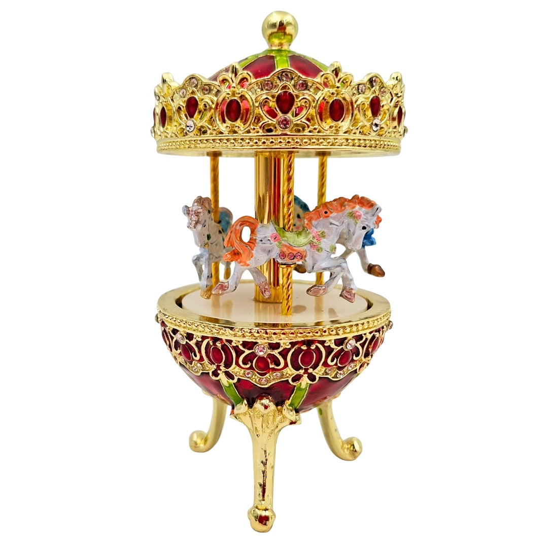 Muzyczna Pozytywka Karuzela z Grawerem - Elegancka Dekoracja w Złocie i Czerwieni, 14 cm