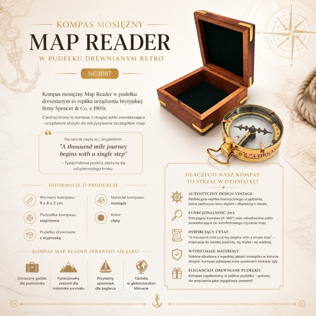Mosazný kompas Map Reader s gravírováním v retro dřevěné krabičce