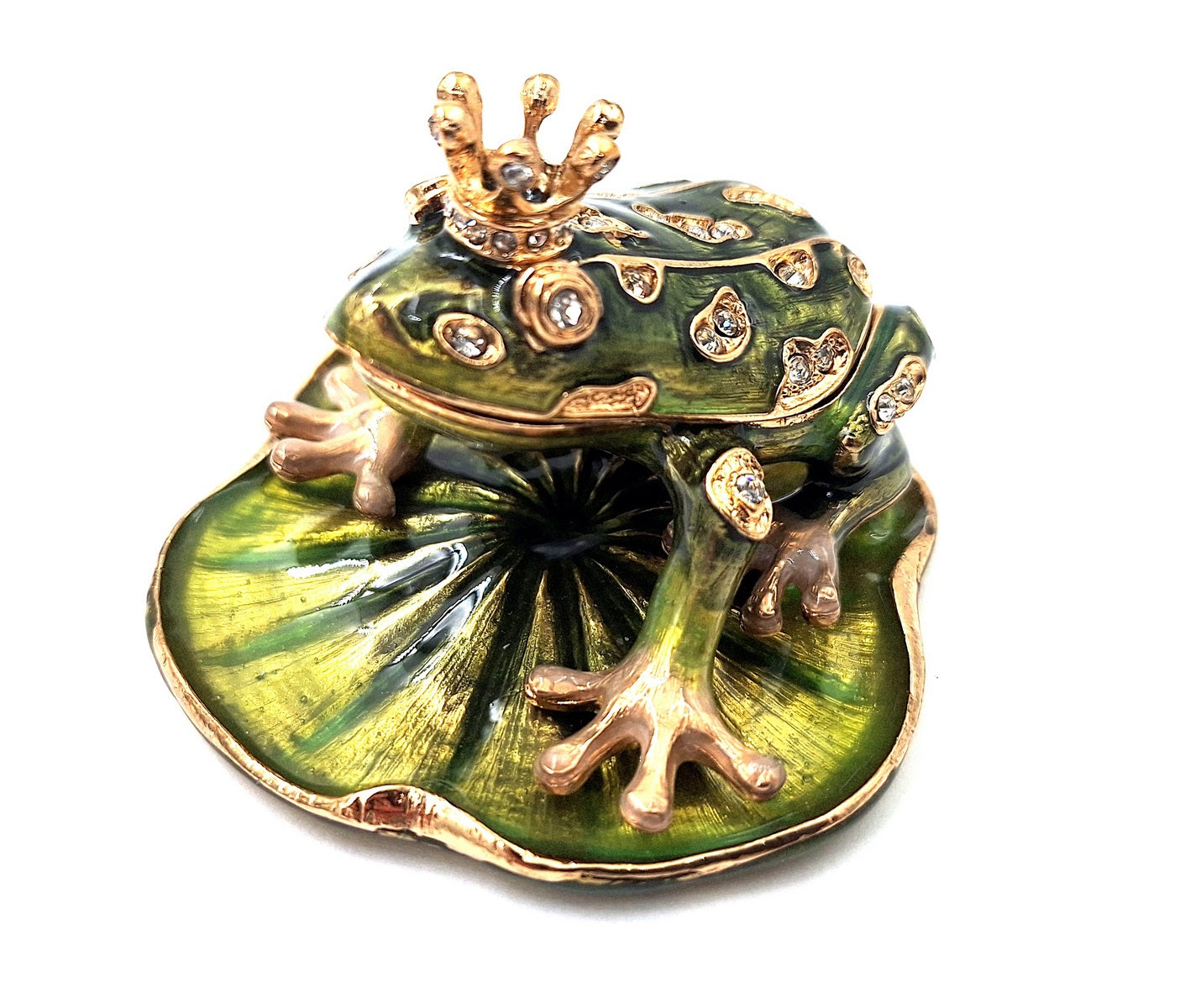 Exclusive metal box shaped like a frog with crystals, dark green and gold, customizable engraving, perfect as a gift, dimensions 6.5x6.7x4.5 cm
