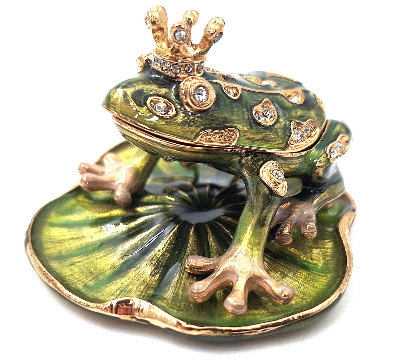 Exclusive metal box shaped like a frog with crystals, dark green and gold, customizable engraving, perfect as a gift, dimensions 6.5x6.7x4.5 cm