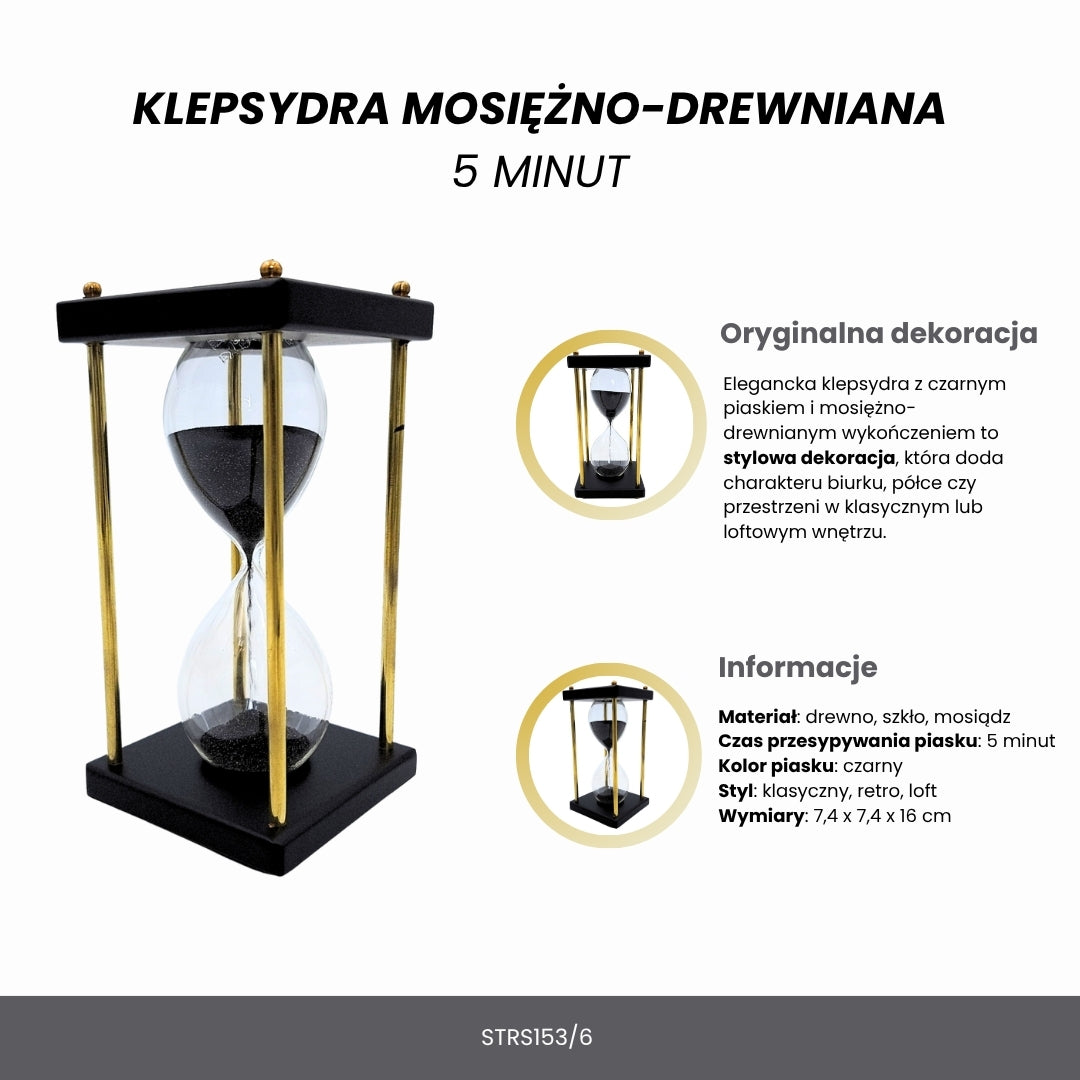 Klepsydra Mosiężno-Drewniana 5 minut z Czarnym Piaskiem z Możliwością Personalizacji Grawerem – Elegancka Dekoracja Retro na Prezent o Wysokości 16 cm