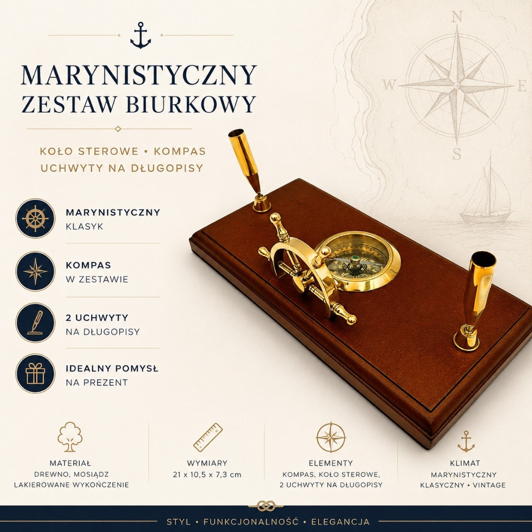 Nautical Desk Set with Engraving – Ship's Wheel, Compass, Pen Holders Made of Polished Wood and Brass