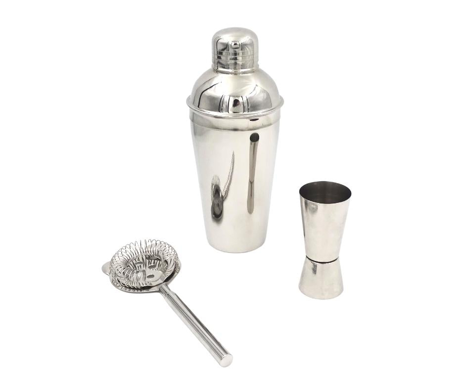 Steel Bartender Set 3 pieces with customizable engraving - Shaker 750 ml, Jigger 15/30 ml, Strainer - elegant gift for cocktail lovers, stainless steel, silver color