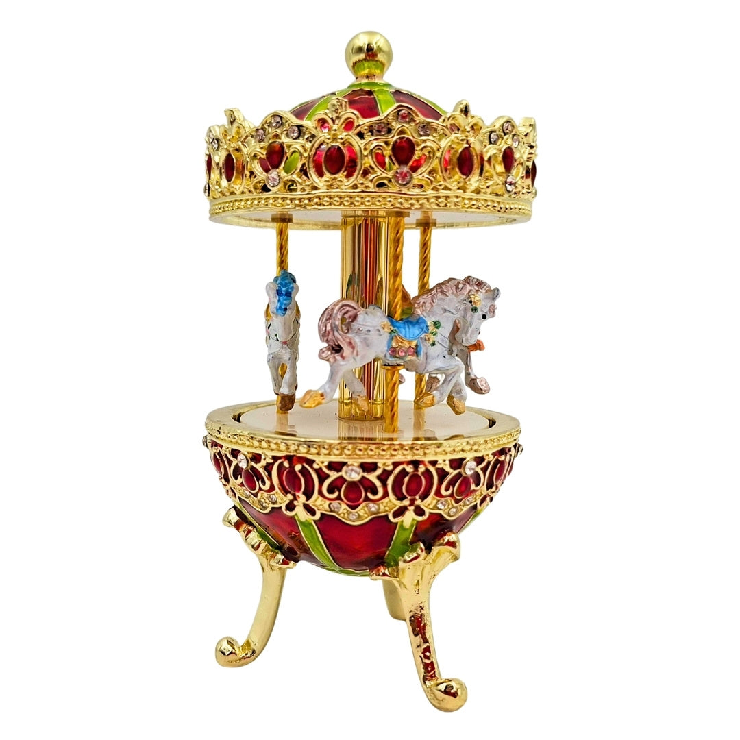 Muzyczna Pozytywka Karuzela z Grawerem - Elegancka Dekoracja w Złocie i Czerwieni, 14 cm