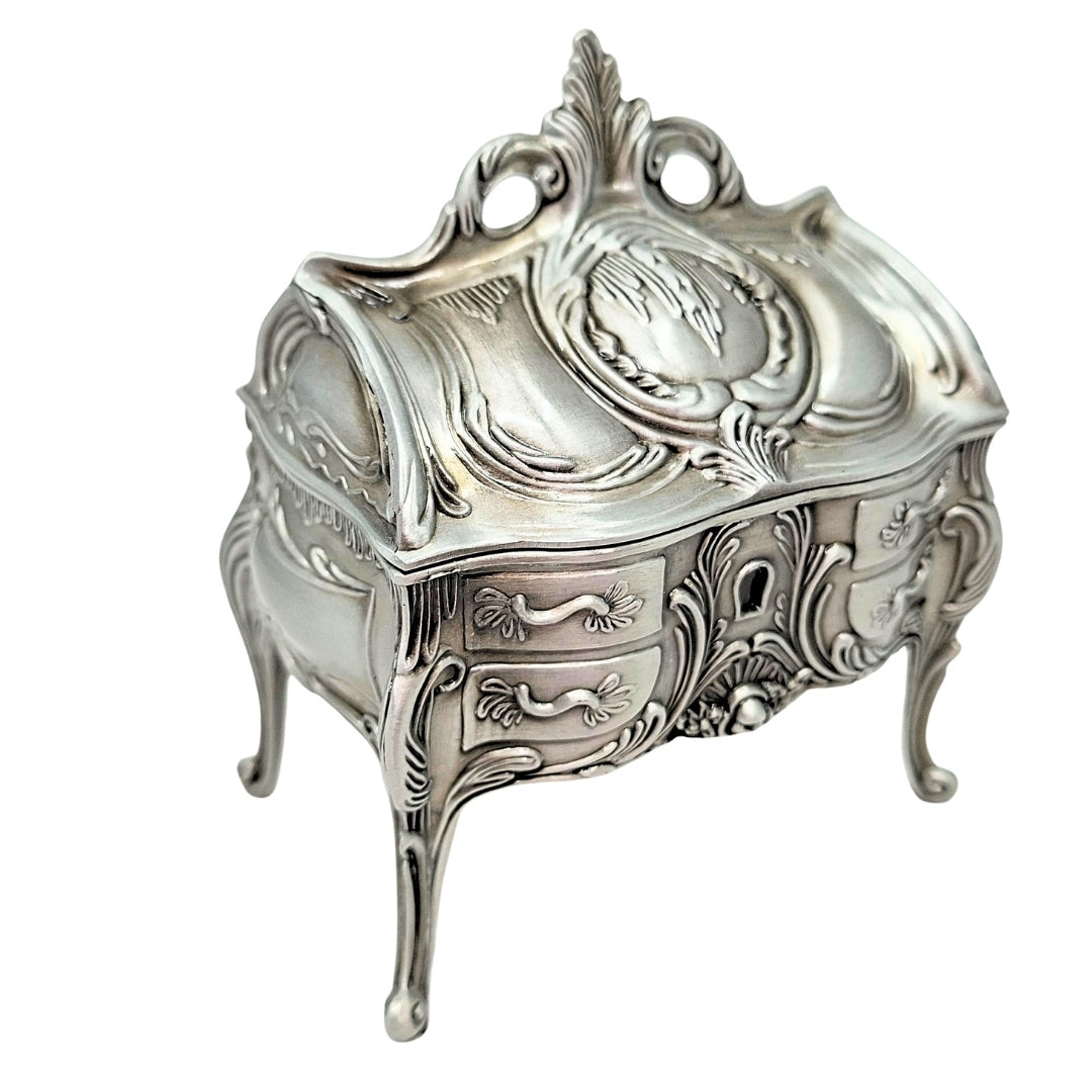 Silver Retro Metal Jewelry Box 2056M with Engraving Option - Elegant Gift for Mother's Day or Birthday, Dimensions 9.7 x 10 x 6.7 cm, Rococo Style with Floral Ornaments