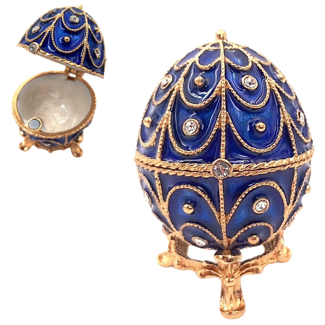 Exclusive metal jewelry box with crystals in the shape of a Fabergé egg, navy blue and gold, 5.5x6.5 cm with customizable engraving