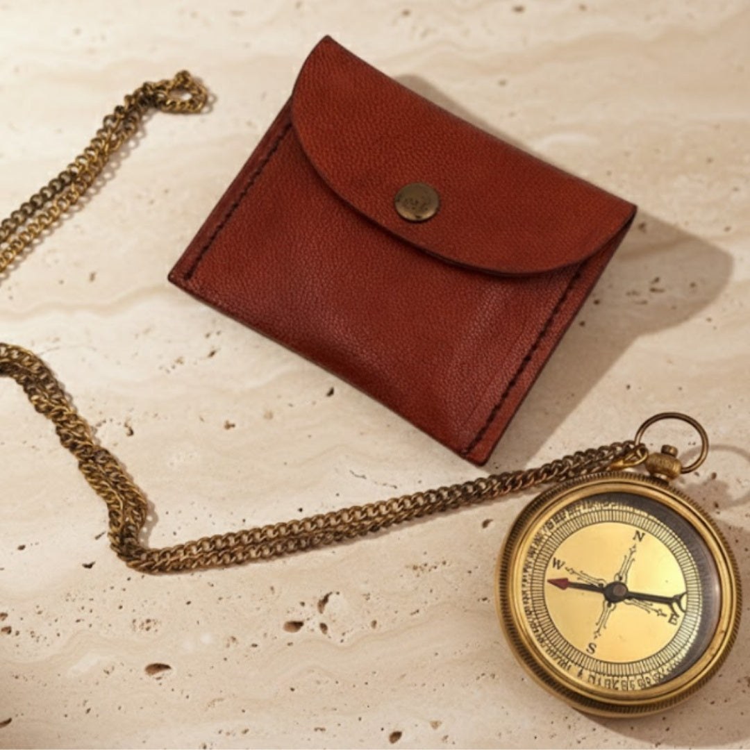 Brass compass on a chain in a leather case with customizable engraving
