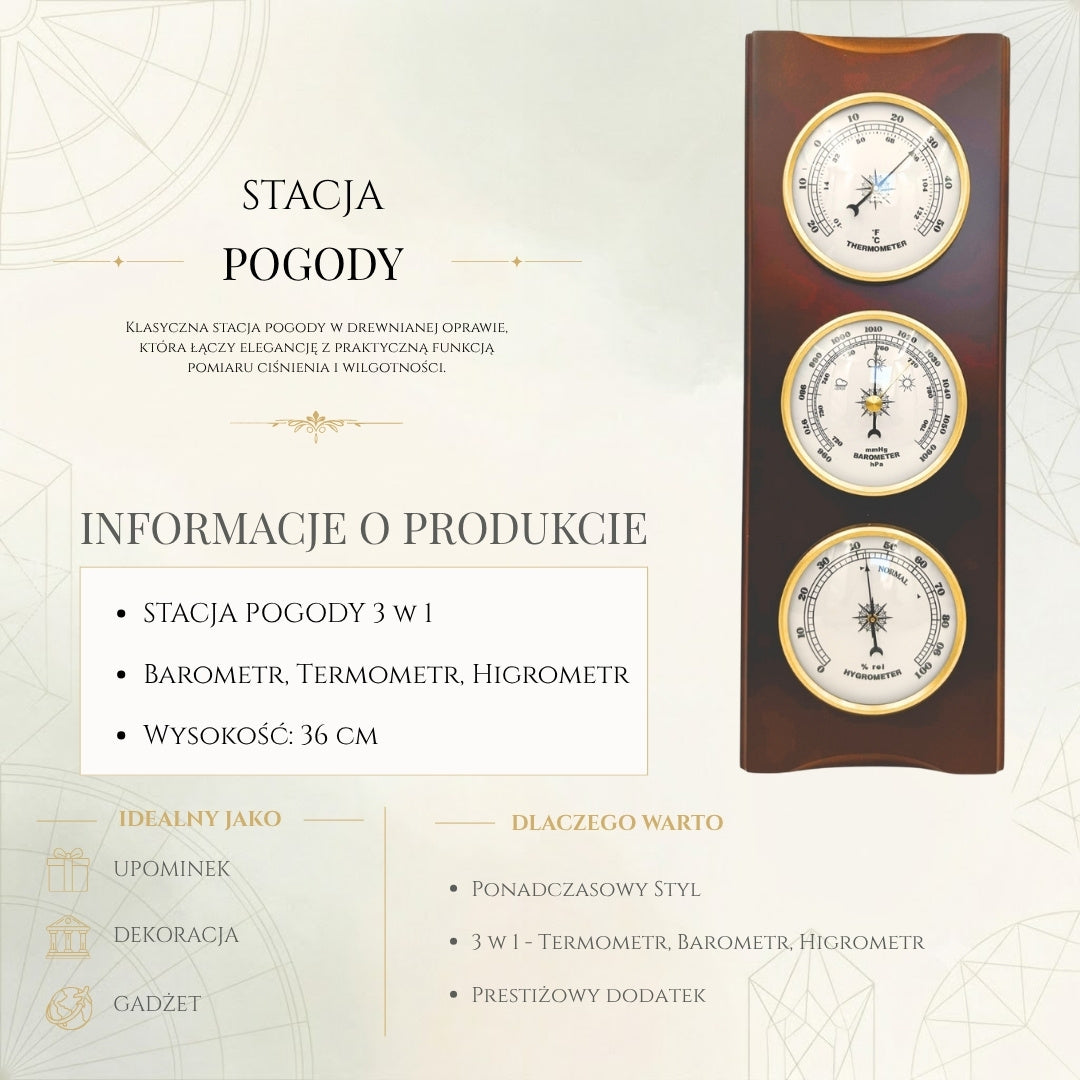 Elegancka Stacja Pogody Retro 36cm z Grawerem – Barometr, Termometr, Higrometr w Drewnianej Obudowie