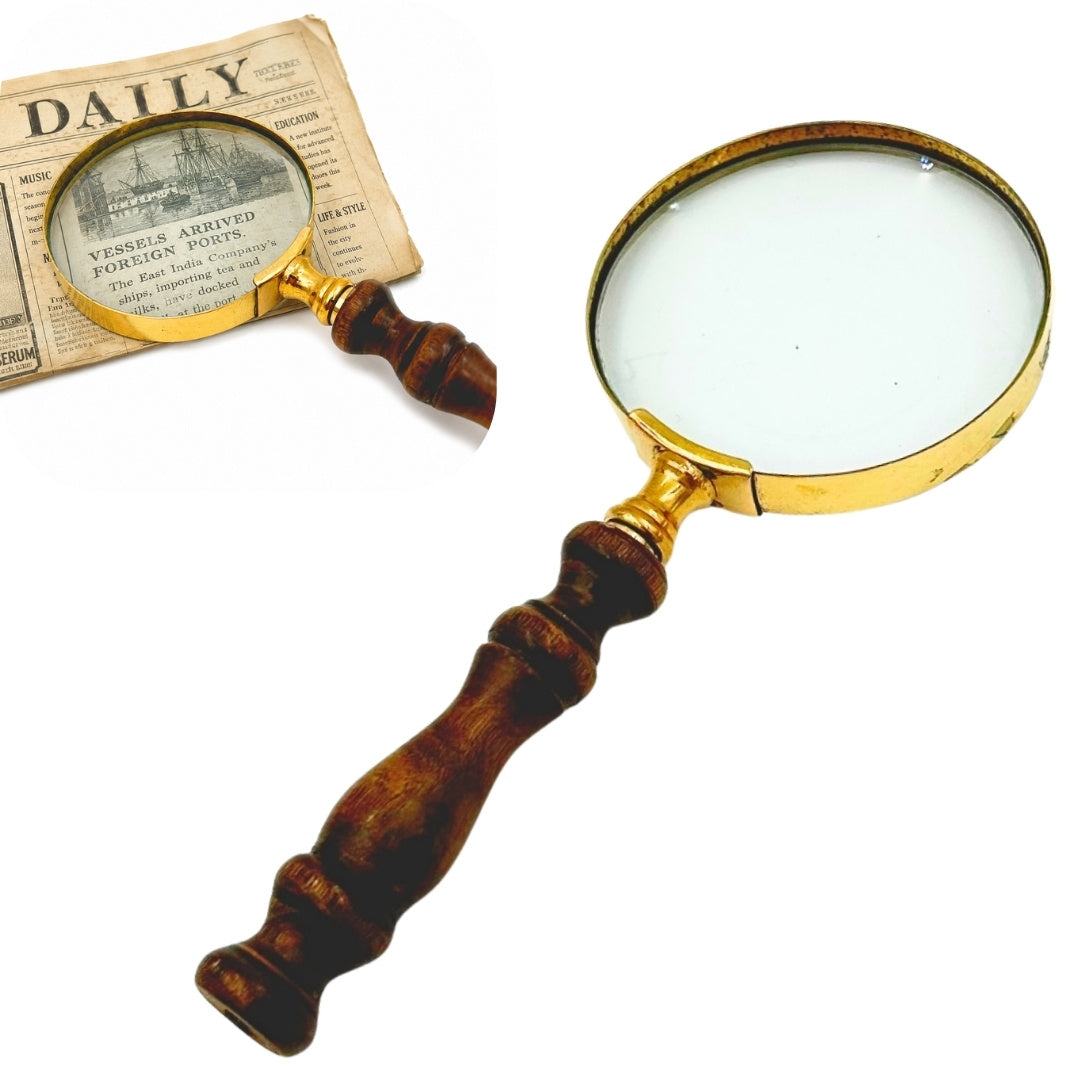 Lupa Mosiężna Retro z Drewnianą Rączką - Szkło Powiększające 18 cm z Możliwością Personalizacji Grawerem