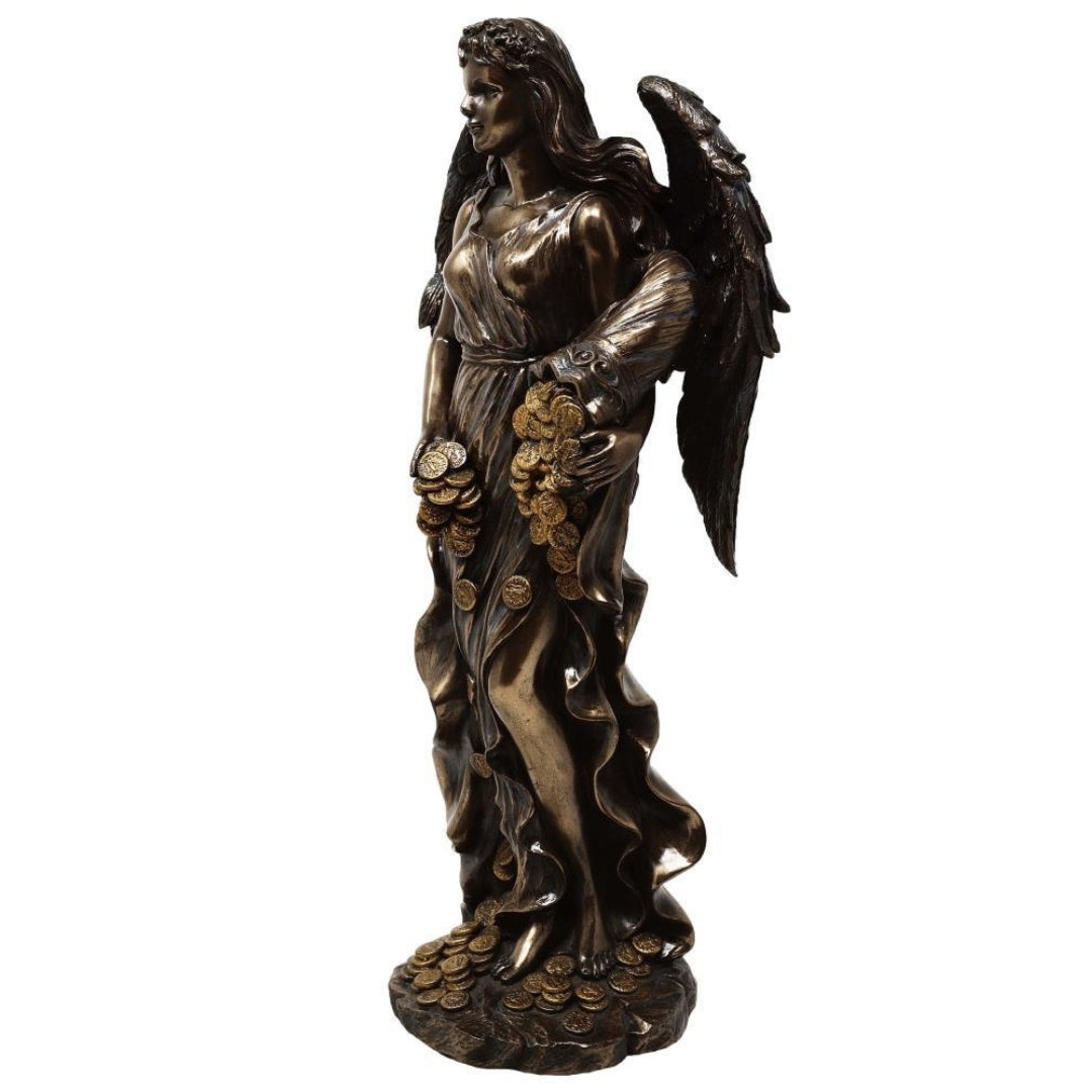 Figurka Fortuna Bogini Szczęścia i Bogactwa 29cm z Rogiem Obfitości - Personalizowany Grawer na Prezent, Elegancka Dekoracja z Konglomeratu Żywic w Odcieniach Brązu i Miedzi