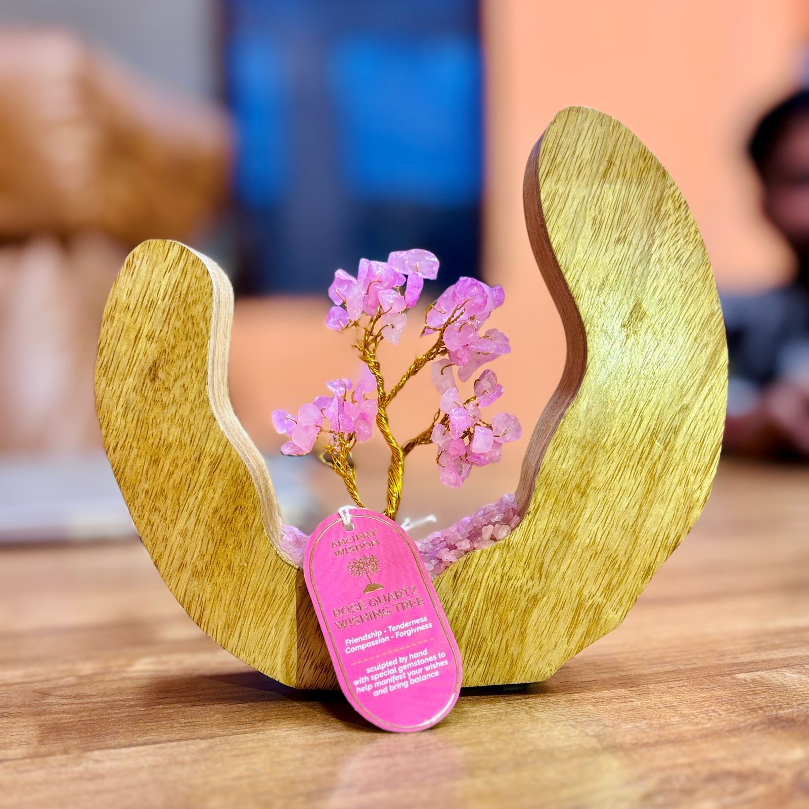 Rose Quartz Energy Garden in a Half Hoop of Mango Wood