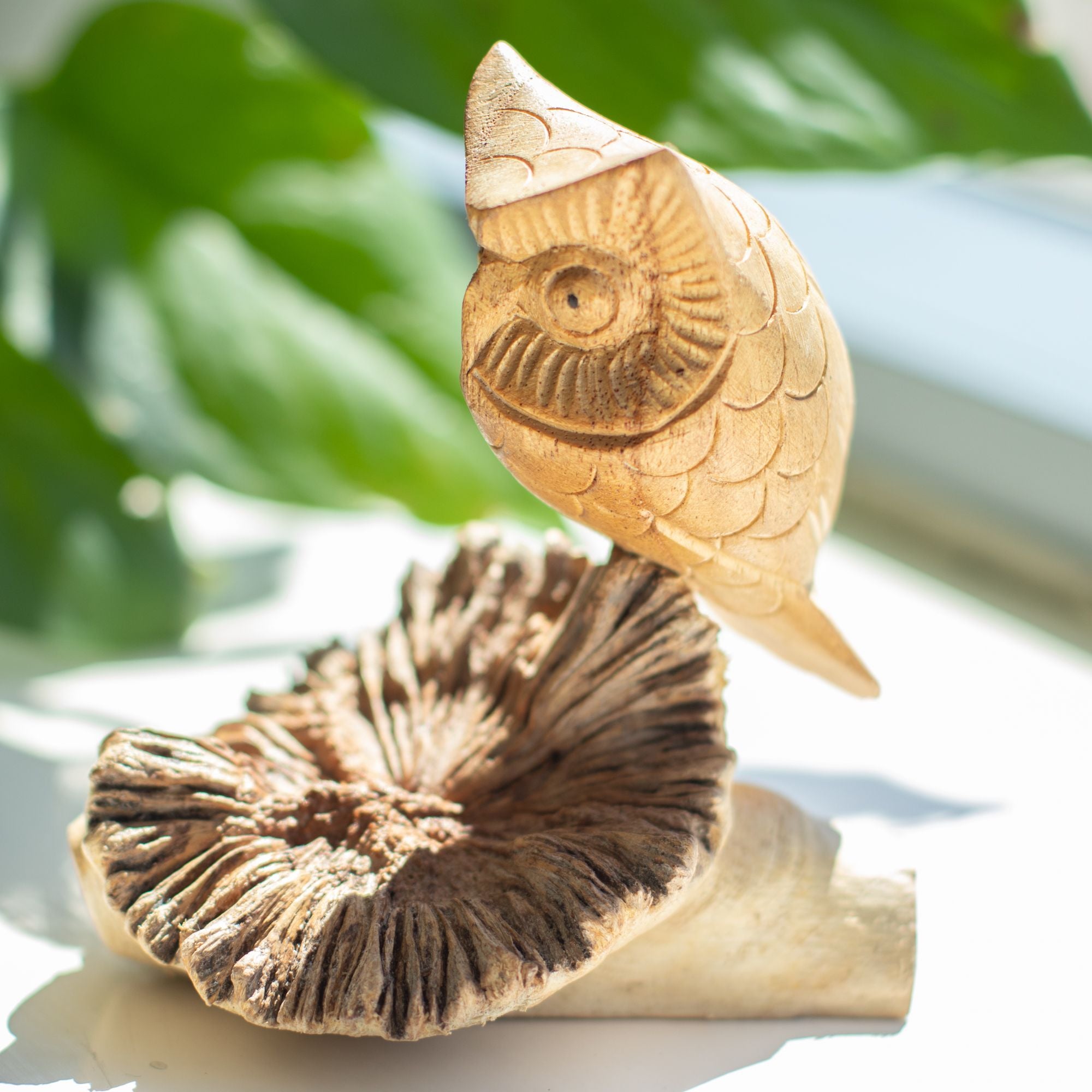 Ručně vyřezávaná socha sovy z dřevní výrůstky – unikátní figurka jako dárek, výška 11 cm, přírodní odstíny z Indonésie