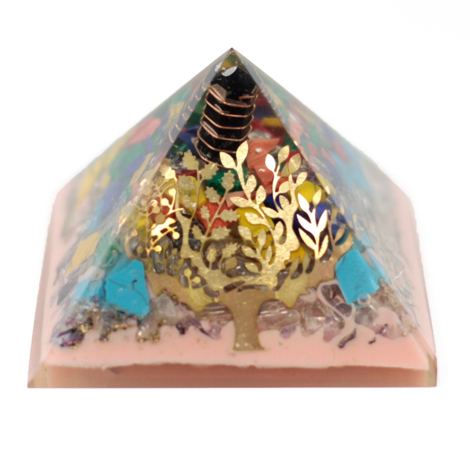 Orgonite Pyramid 70mm - Tree with Gemstones, Copper, and Metal Inlays
