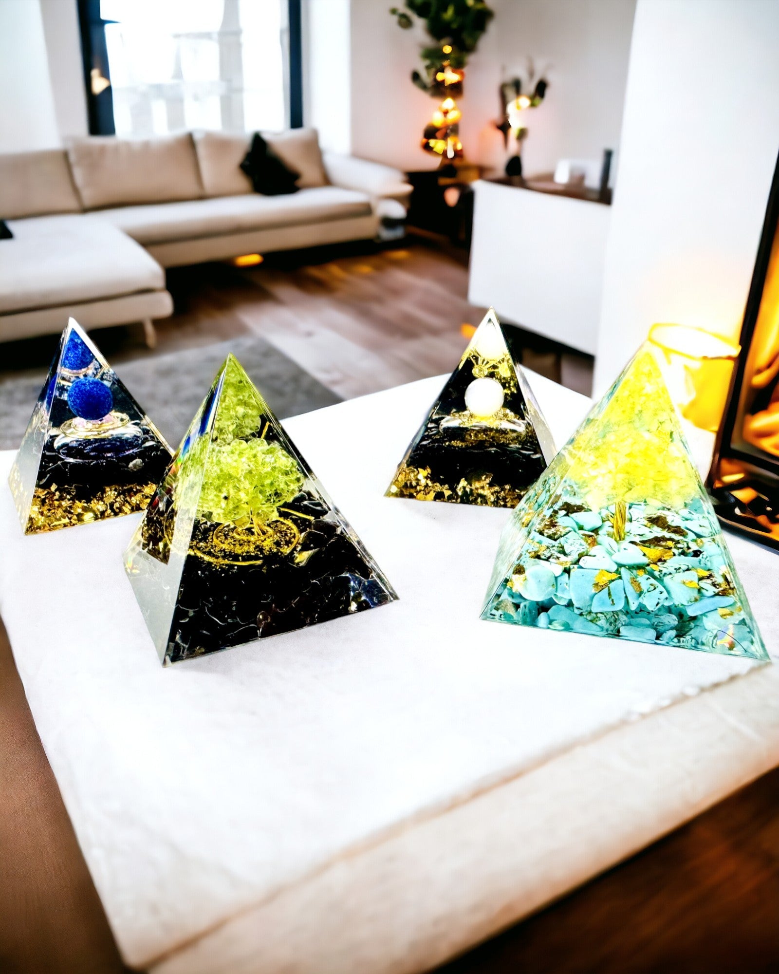 Orgonitová pyramida s citrínem a tyrkysem – generátor energie čaker, nástroj Reiki, dekorace pro meditaci