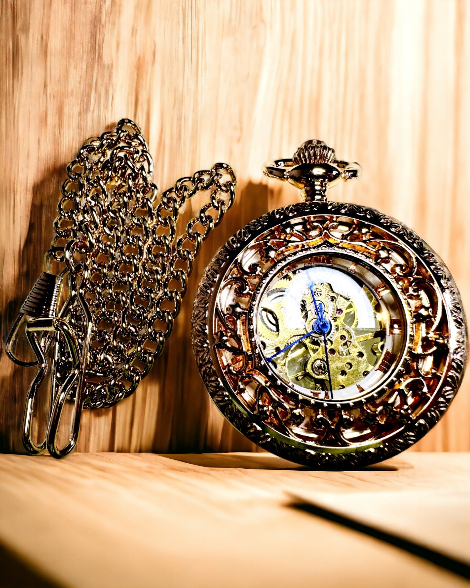 Vintage Style Pocket Watch with Transparent Dial and Skeleton Movement