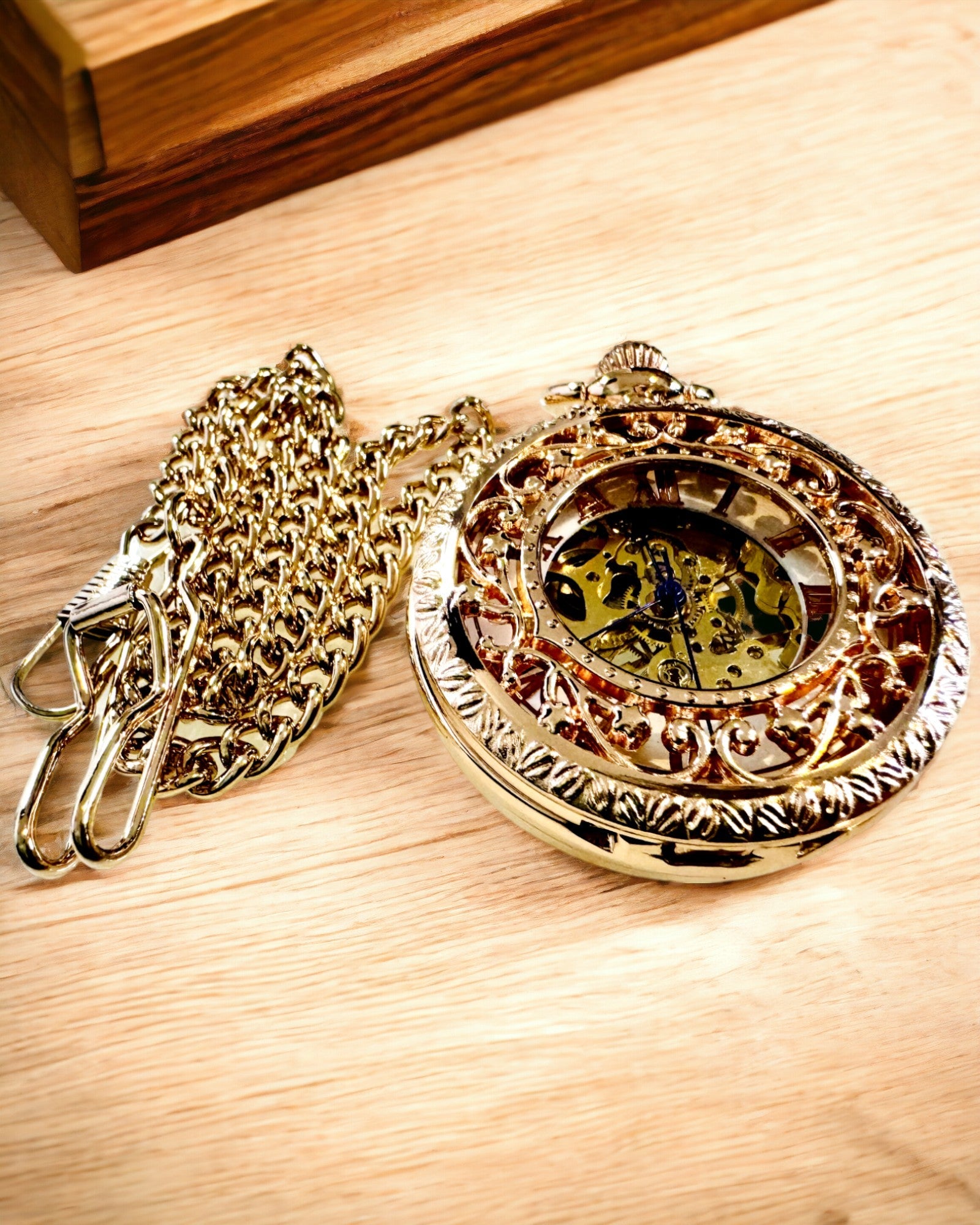 Vintage Style Pocket Watch with Transparent Dial and Skeleton Movement