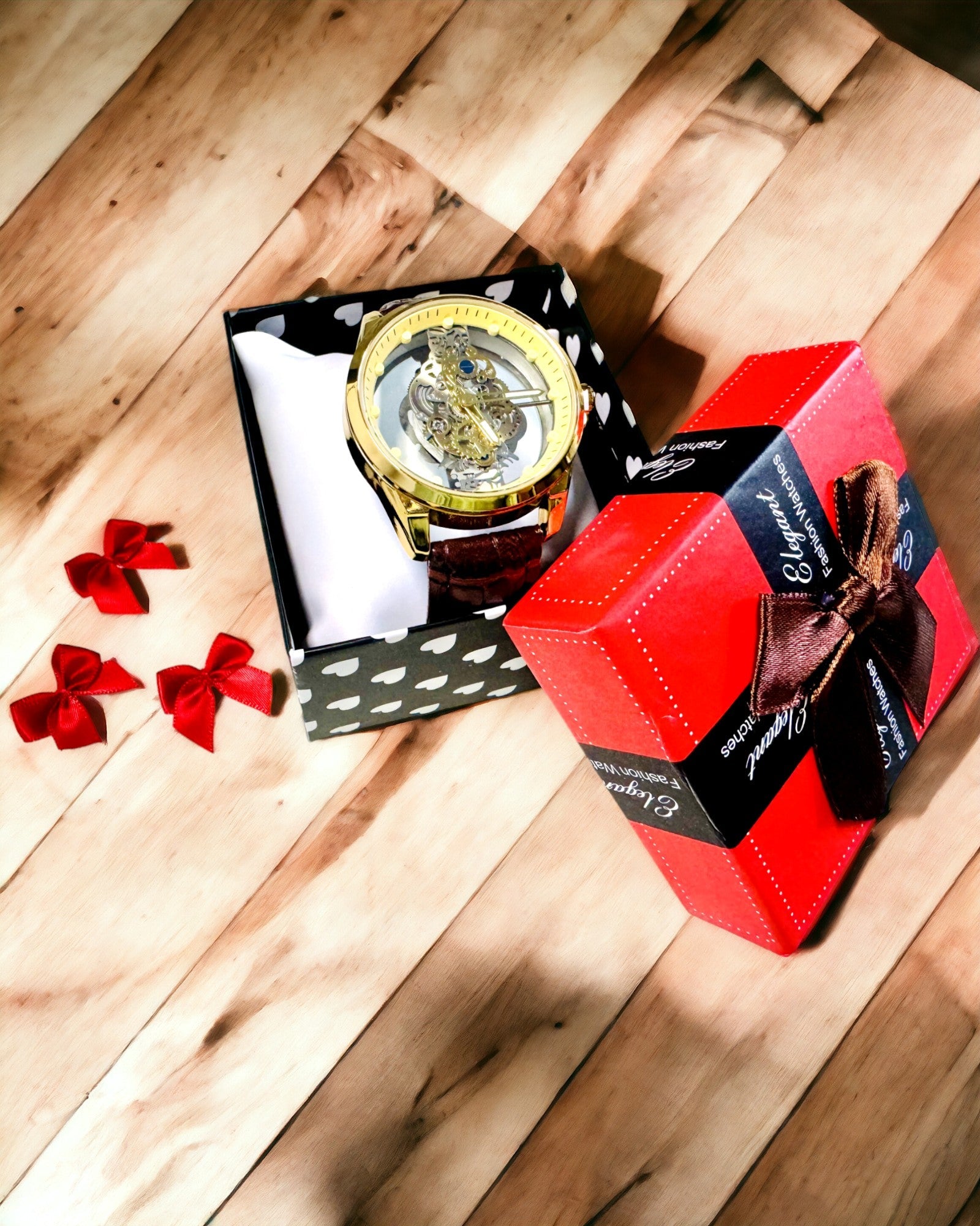 Men's Watch with Transparent Mechanism - Elegance and Precision in a Golden Setting