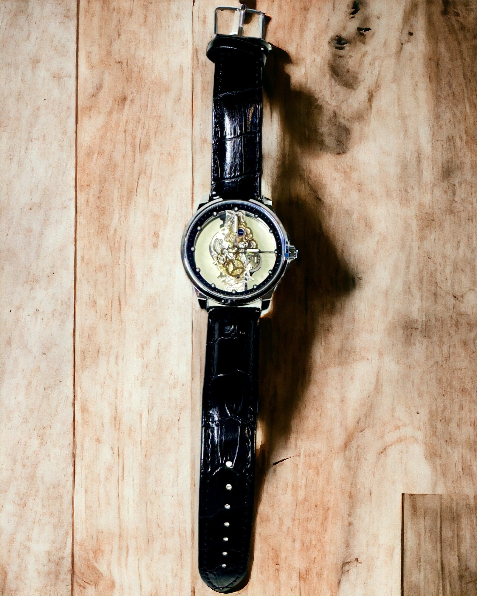 Men's Quartz Watch with Transparent Dial - Classic Elegance in a Modern Edition black strap. Personalization with engraving